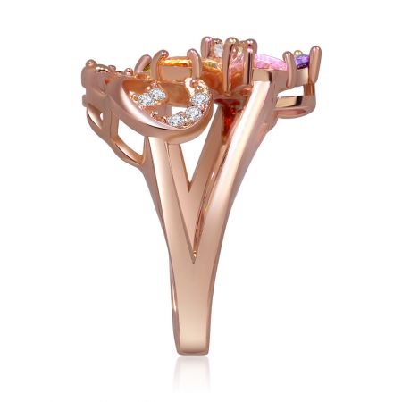 Angled view of the rose gold flower ring, displaying the split band and the arrangement of multicolored gemstones.