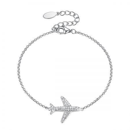 Close-up of the 925 sterling silver airplane bracelet with cubic zirconia details.