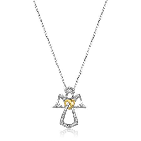 Collar de Bendición del Ángel de la Guarda - Collar de Bendición del Ángel de la Guarda en plata de ley 925, con un colgante de ángel bicolor que tiene un detalle de nudo dorado y circonio cúbico brillante.