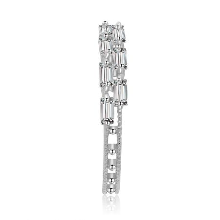 Side profile of the delicate baguette ring, showcasing its slim band and rhodium-plated finish.