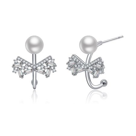 Side view of the Hook Pearl CZ Bow Earring showing the post and pearl detail.