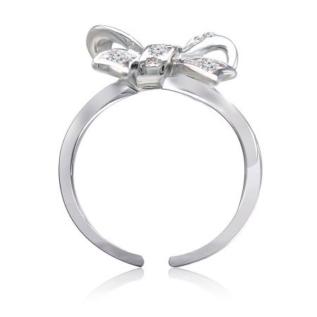 Netjes als een boogring - Vooraanzicht van de Neat As A Bow Ring, met de sprankelende pave cubic zirconia stenen op het strikontwerp en de slanke rhodium-plated band.