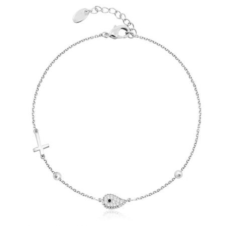 Sideways Cross Bracelet - A delicate Sideways Cross Bracelet in rhodium-plated brass, featuring a polished cross charm, a teardrop cubic zirconia, and small pearl accents on a fine link chain.