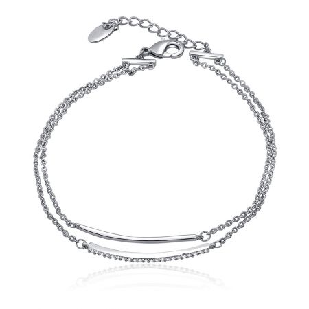 Two CZ Bar Link Chain Bracelet - Close-up of the Two CZ Bar Link Chain Bracelet, showing the rhodium-plated brass chain, secure lobster clasp, and the central decorative bar set with sparkling cubic zirconia stones.