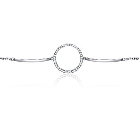 Detailed shot of the silver Circle Charm Bar Bracelet, focusing on the diamond-encrusted circular centerpiece.