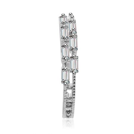 Angled shot of the rhodium-plated baguette ring, displaying its brilliant sparkle and fine craftsmanship.