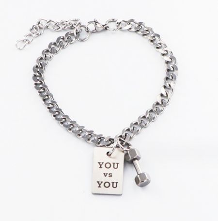 Tumbbell Chain Bracelet For Men - A stainless steel Tumbbell Chain Bracelet for Men, featuring a motivational 'YOU vs YOU' charm and a dumbbell charm, shown on a white background.