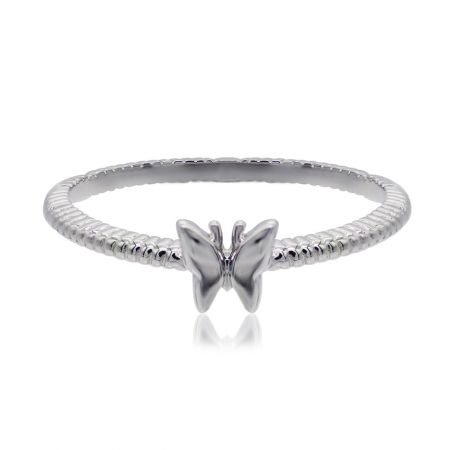 A matching silver butterfly bracelet with a textured finish, part of the collection.