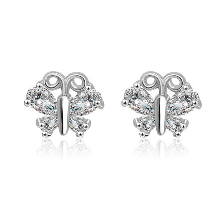 Cubic Zirconia Butterfly Stud Earring - A pair of rhodium-plated Cubic Zirconia Butterfly Stud Earrings, showcasing the intricate design and sparkling gemstones.