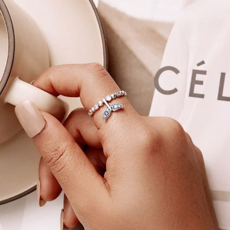 Gros plan de la charmante bague en forme de papillon de l'ensemble de bagues en argent ajustables.
