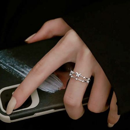 Set di 5 anelli aperti a farfalla a doppio strato in argento 925 all'ingrosso - Un elegante anello aperto in argento sterling 925 con un intricato design a farfalla e stella a doppio strato, parte di un set all'ingrosso.