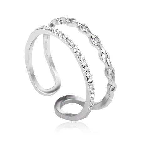 Layered Delicate Ring - A close-up of the Layered Delicate Ring, featuring a rhodium-plated band with a distinctive chain-link design alongside a parallel band set with sparkling cubic zirconia stones.