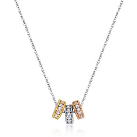 3 Circle Necklace With Zirconia In 3 Tones Plating - Close-up of the 3 Circle Necklace with Zirconia, showing the three-tone plating in rhodium, gold, and rose gold on interlocking rings.