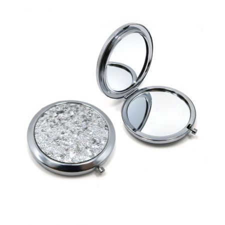 Sequin Compact Mirrors - A luxurious sequin compact mirror, model PID-6282, shown open to reveal its double-sided design with both regular and magnified mirrors.