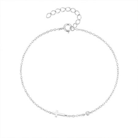 Close-up view of the cross charm and clasp detail on the sterling silver bracelet.