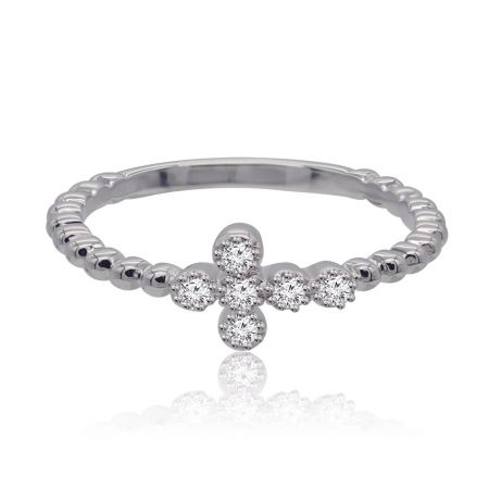 Vaticaanse kruisbellenbandring - Een gedetailleerde studiofoto van de Vatican Cross Bubble Band Ring, met de nadruk op de gepolijste rhodiumafwerking en het centrale kruis motief bezet met glinsterende witte cubic zirconia stenen.