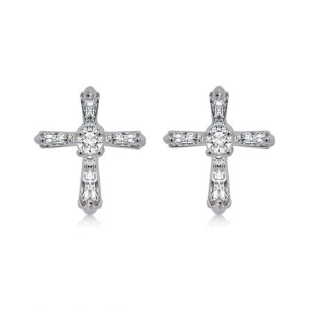 Vatican Cross Earrings - Close-up of Vatican Cross Earrings, rhodium-plated brass studs with sparkling white cubic zirconia in a cross design.