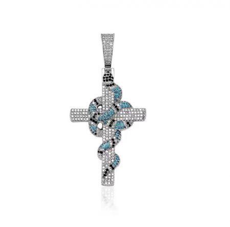 A sterling silver cross pendant featuring a unique twisted rope detail in the center.