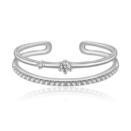 Simple Lovely Stacking Ring - A delicate double-layered silver cuff bracelet with sparkling cubic zirconia, showcasing the elegant style of the Simple Lovely Stacking Ring.