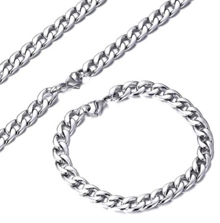 Collar de cadena cubana de 3 mm para hombres - Un collar de cadena cubana de acero inoxidable de 3 mm para hombres, mostrado en un elegante acabado plateado, destacando sus líneas limpias y superficie pulida.