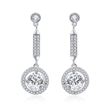 Twilight Sparkling CZ Halo Round Earrings - A pair of Twilight Sparkling CZ Halo Round Earrings, showcasing their silver dangle design with a large circular cubic zirconia pendant.