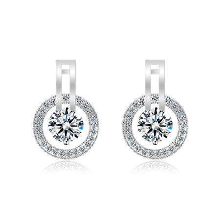 Circle Hoop Post Earrings with Cubic Zirconia - A close-up of the Circle Hoop Post Earrings (BEQ04-R-Z-01180), showcasing the rhodium-plated brass and the brilliant white cubic zirconia stones.