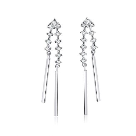 Arete de caída de doble varilla - Un par de aretes de caída de doble varilla con piedras de circonita cúbica brillantes, fabricados en latón chapado en rodio.