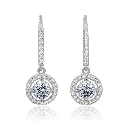 Ice Stones Sterling Zilveren Haakoorbellen - Een paar Ice Stones Sterling Zilveren Haakoorbellen met een centrale rond geslepen cubic zirconia steen omringd door een halo van kleinere stenen.