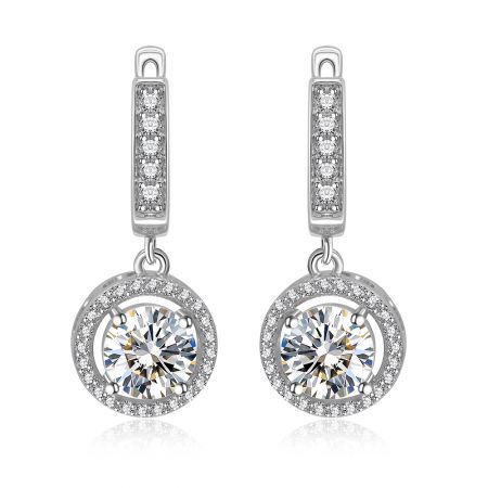 Round Zirconia Earrings With Pave Surround - A close-up of the Round Zirconia Earrings with Pave Surround, showcasing the large central cubic zirconia stone encircled by a halo of smaller sparkling stones and the elegant rhodium-plated finish.