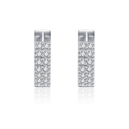 White Zirconia Hinged Hoop Earrings - A pair of White Zirconia Hinged Hoop Earrings made from rhodium-plated brass, showcasing the brilliant pave-set cubic zirconia stones against a white background.