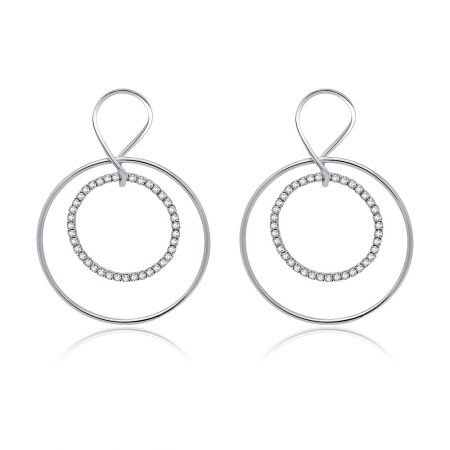 CZ Large Geometric Circle Drop Earrings - A pair of CZ Large Geometric Circle Drop Earrings with a rhodium-plated finish, showcasing a double-layered circular design with a sparkling Czech crystal on the inner circle.