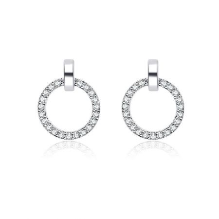 Rhodium Circle Pave Stud Earring - A close-up of the Rhodium Circle Pave Stud Earring, showcasing the brilliant micro-paved cubic zirconia stones on a rhodium-plated brass base.