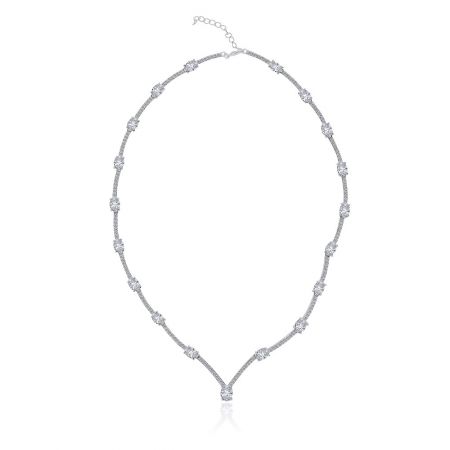 Clear Oval Cubic Zirconia Cluster Necklace - A close-up of the Clear Oval Cubic Zirconia Cluster Necklace, showcasing its V-shaped pendant studded with brilliant CZ stones on a rhodium-plated chain.