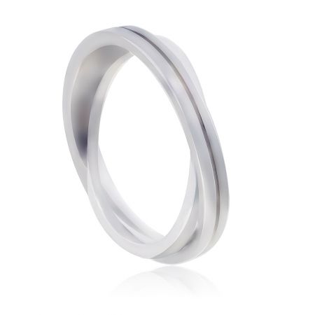Interconnected Double Band Ring - A close-up of the Interconnected Double Band Ring, showcasing its distinctive double-layered design and polished rhodium plating.