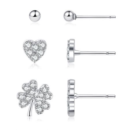 Detailed view of the three earring pairs: ball, heart, and clover, showing front and side profiles.