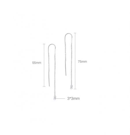 Dimensioni dettagliate degli orecchini a goccia con filo in argento sterling 925, mostrando le lunghezze disponibili.