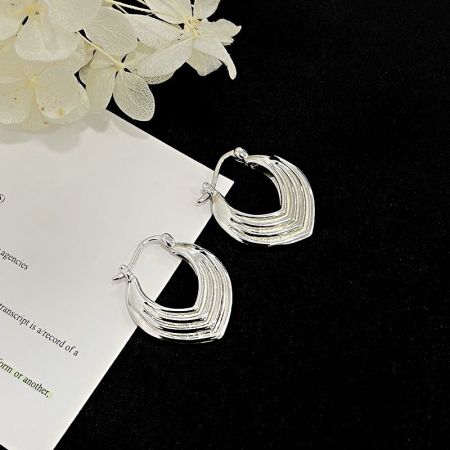 Orecchini a cerchio geometrici a scudo stratificato in argento sterling 925 (5 paia) - Un paio di orecchini a cerchio geometrici a scudo stratificato in argento sterling 925 su uno sfondo bianco pulito, che mostrano il loro design intricato.