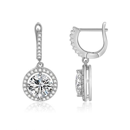 Front and back view of the silver halo drop earrings, displaying the clear gemstone setting and post clip closure.