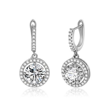 A pair of Clear CZ Halo Round Drop Earrings laid flat, highlighting their brilliant sparkle and silver craftsmanship.