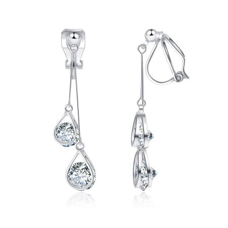 Detailed view of the teardrop and round cubic zirconia on the clip-on dangle earrings.