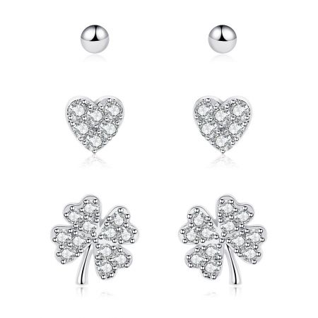 3 Pairs 5mm Tiny Heart 3mm Ball Bead & Small Clover Leaf Stud Earrings Set - A set of three rhodium-plated stud earrings featuring a tiny heart, a ball bead, and a clover leaf, all with sparkling cubic zirconia accents.