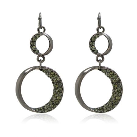 Pendientes redondos de cristal gris carbón - Un par de pendientes redondos de cristal gris carbón con coronas de strass plateadas, mostrando su elegante diseño colgante.