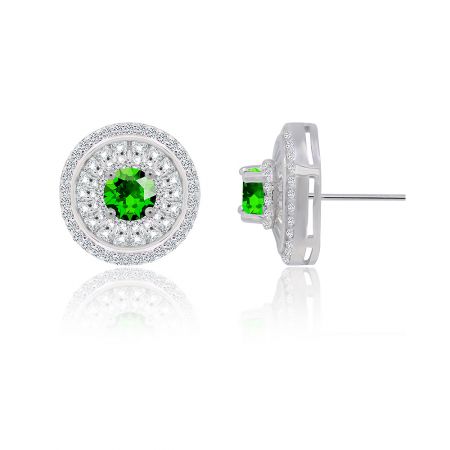 Vista frontale e posteriore degli orecchini a bottone in zirconia cubica verde, che mostrano la montatura in argento e la chiusura a perno.