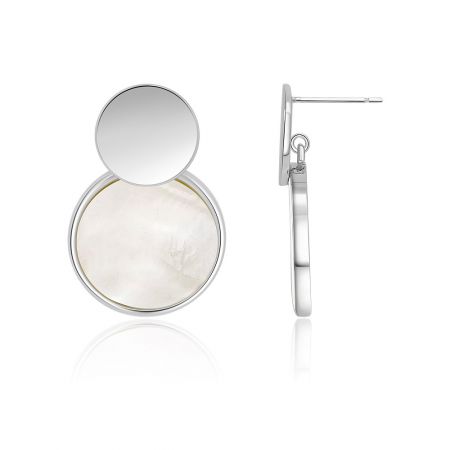 Vista dettagliata degli orecchini in argento con intarsio in madreperla, che mostra il design circolare e la parte superiore a cerniera.