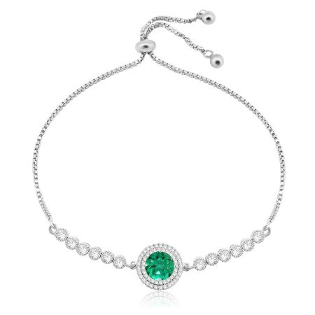 Wholesale Mint Opal Tennis Adjustable Bracelet - A close-up of the Wholesale Mint Opal Tennis Adjustable Bracelet, showcasing the central green opal glass stone surrounded by a double halo of white cubic zirconia stones on a rhodium-plated brass chain.