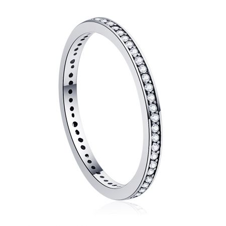 A detailed side view of the silver eternity ring, showcasing the continuous setting of the cubic zirconia stones.