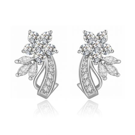 Clear Cubic Zirconia Cocktail Earring - A pair of Clear Cubic Zirconia Cocktail Earrings featuring a silver floral design with sparkling clear gemstones, shown on a clean white background.