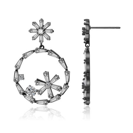 Detailed view of the silver-based floral earrings showcasing the clear gemstone arrangement in a circular pattern.