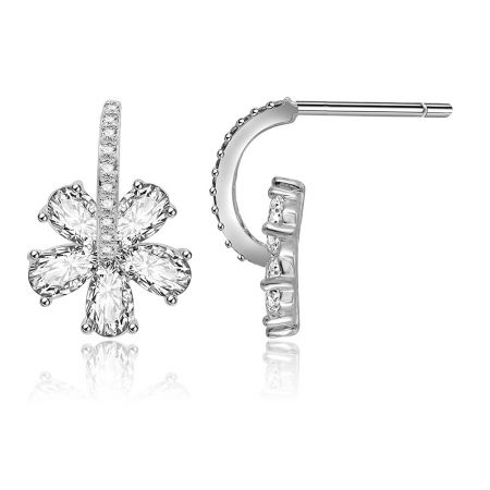Side view of the Crystal Hibiscus Flower Drop Earrings, highlighting the brilliant clear cubic zirconia gemstones and the polished rhodium plating.