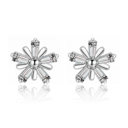 Zirconia Snow Star Earring - Zirconia Snow Star Earring featuring a floral snowflake design with clear cubic zirconia gemstones on a rhodium-plated brass base.
